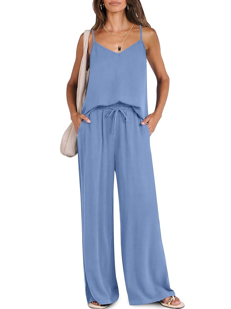 Caracilia 2 Piece Lounge Sets for Women Summer Casual Matching Wide Leg Pants Beach Travel Vacati... | Amazon (US)