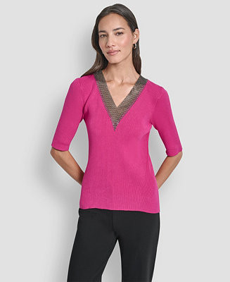Women's Embellished-Neck Half-Sleeve Ribbed Sweater | Macy's