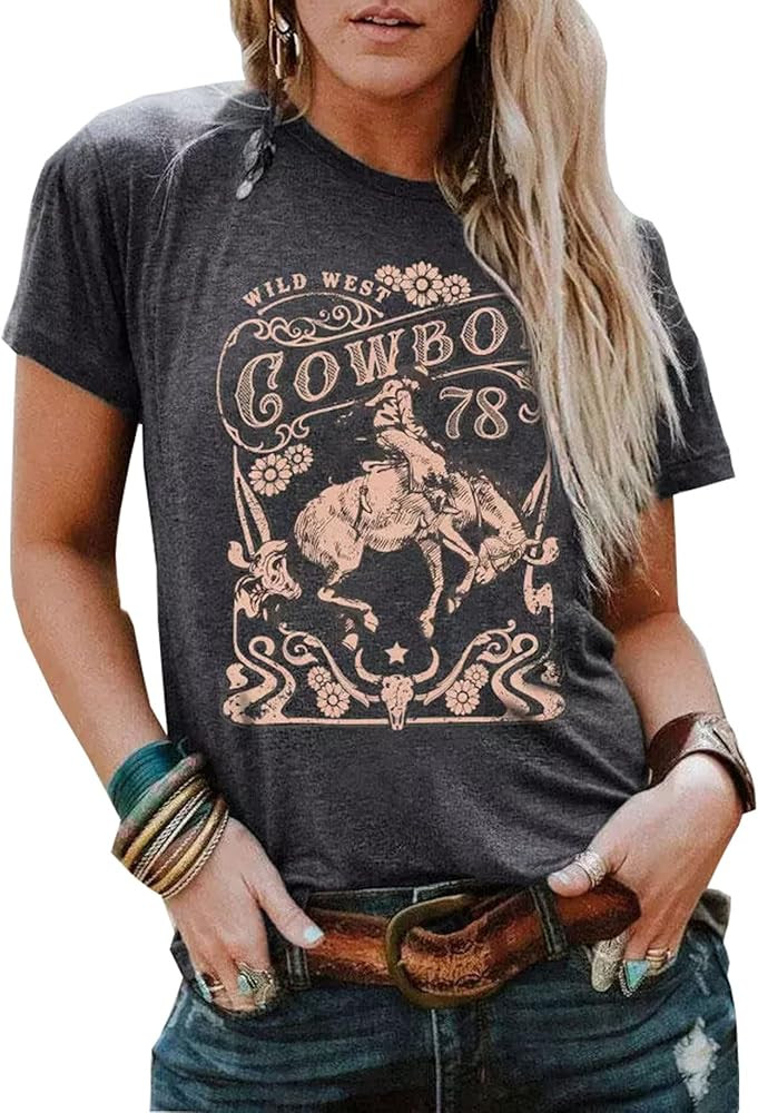 Western Rodeo T-Shirt Women Vintage Cattle Skull Cowboy Shirt Tops Country Music Short Sleeve Cas... | Amazon (US)
