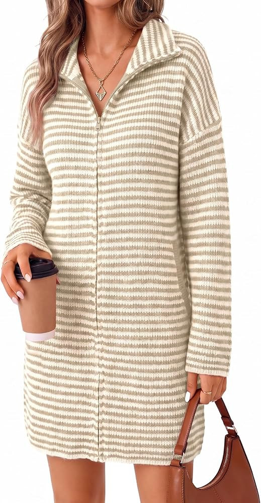 Wenrine Womens Striped Long Cardigan Mock Neck Knit Zip Up Sweater Dress | Amazon (US)