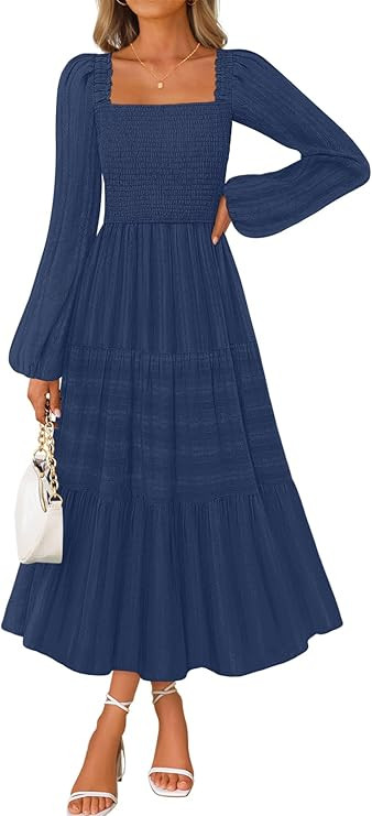 MEROKEETY Women's 2025 Long Sleeve Fall Dress Square Neck Smocked Flowy Tiered Casual Maxi Dresse... | Amazon (US)