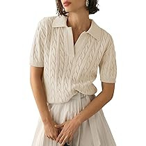 Imily Bela Women's Cable Short Sleeve Sweaters Tops Solid Lapel V Neck Knit Casual Soft Pullover ... | Amazon (US)