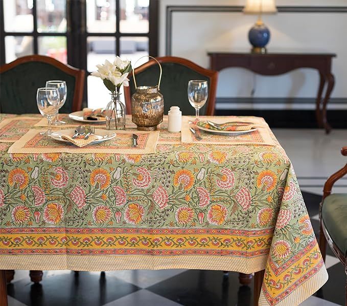 Labhanshi Indian Hand Block Print Rectangle Table Cloth for Kitchen Dining Table|Cotton Floral 8 ... | Amazon (US)