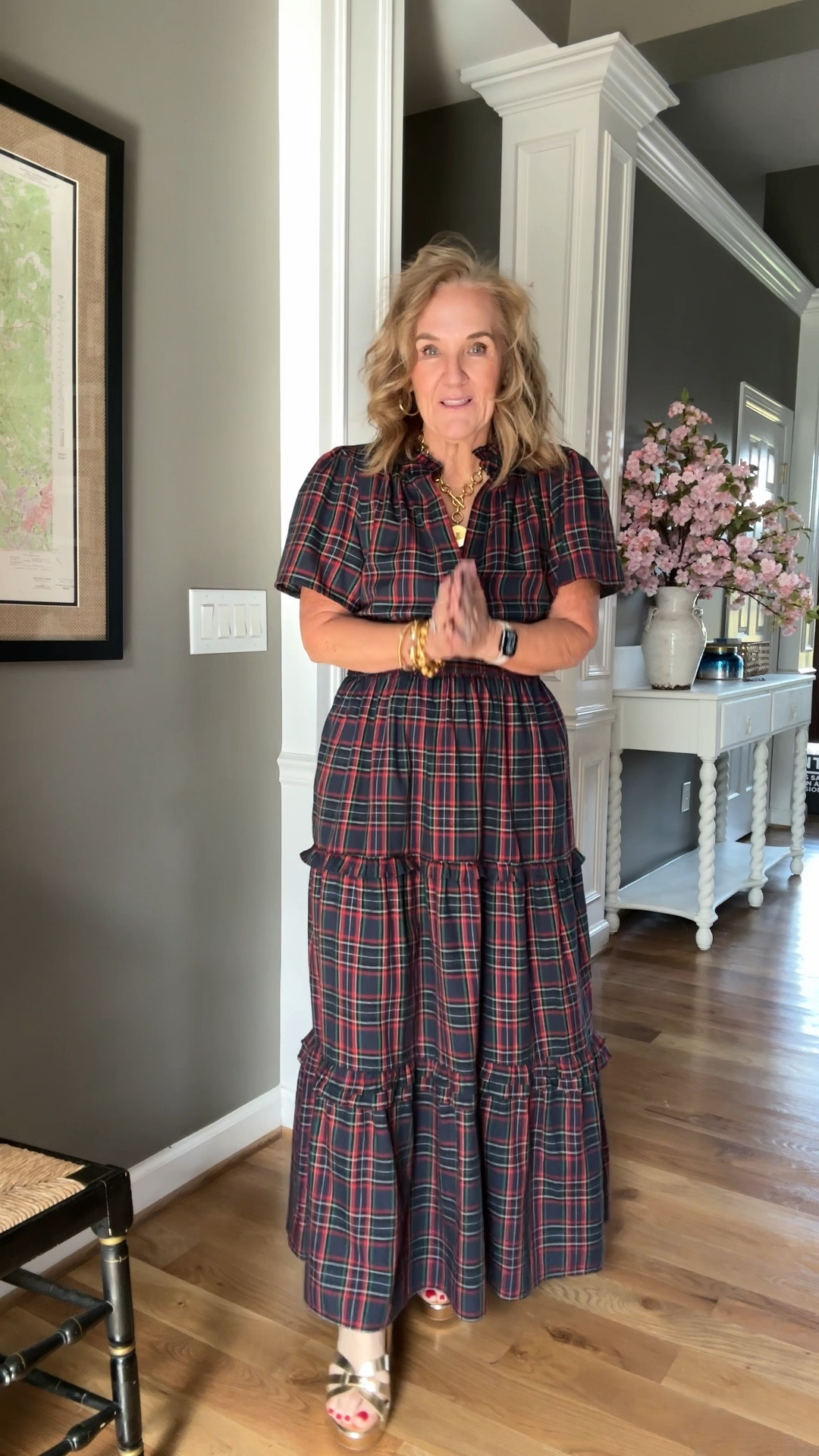 Wearing size large. Darling plaid dress for holiday. 

Gold shoes run big. You can size down 1/2 
15% off code NANETTE15 at shop Avara 

Holiday dress family photos Christmas dress plaid dress 

#LTKHoliday #LTKOver40 #LTKFindsUnder100