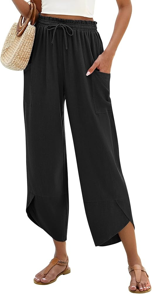 LOMON Women Linen Palazzo Pants Boho Wide Leg Elastic Waisted Casual Capri Pant Summer Harem Loun... | Amazon (US)