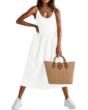 Fisoew Womens Spaghetti Strap Dress V Neck Backless Summer Casual A Line Cami Dress with Pocket | Amazon (US)