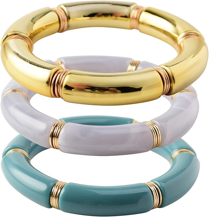 Bamboo Tube Bangles Bracelet Chunky Curved Stacking Clear Acrylic Colorful Beads Stretchable Frie... | Amazon (US)
