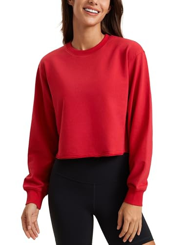 CRZ YOGA Womens Fleece Cropped Sweatshirts Crewneck Long Sleeve Sweat Shirts Double Raw Hem Workout Casual Pullover Tops Red Chili XX-Small | Amazon (US)