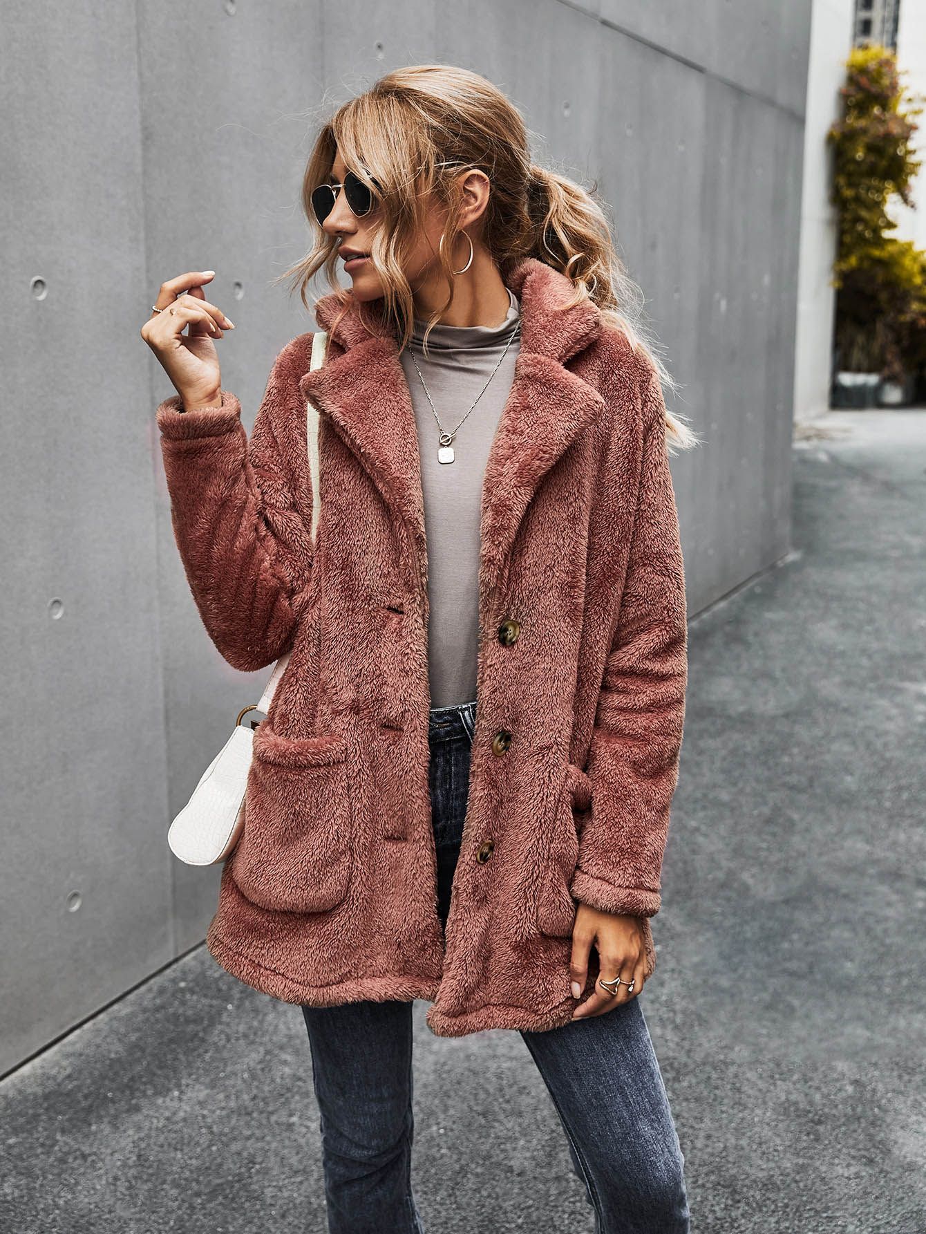 Button Front Double Pocket Teddy Coat | SHEIN