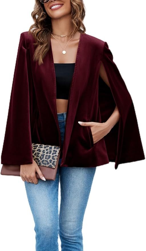 Cicy Bell Women's Velvet Cape Blazer Jackets Casual Split Long Sleeve Open Front Coat | Amazon (US)