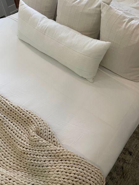 Light neutral bedding is perfect for summer weather.  

Target lumbar pillow.  Euro throw pillows.  White bedding.  Chunky knit throw.  Target bedding.  

#LTKHome #LTKStyleTip #LTKFindsUnder100