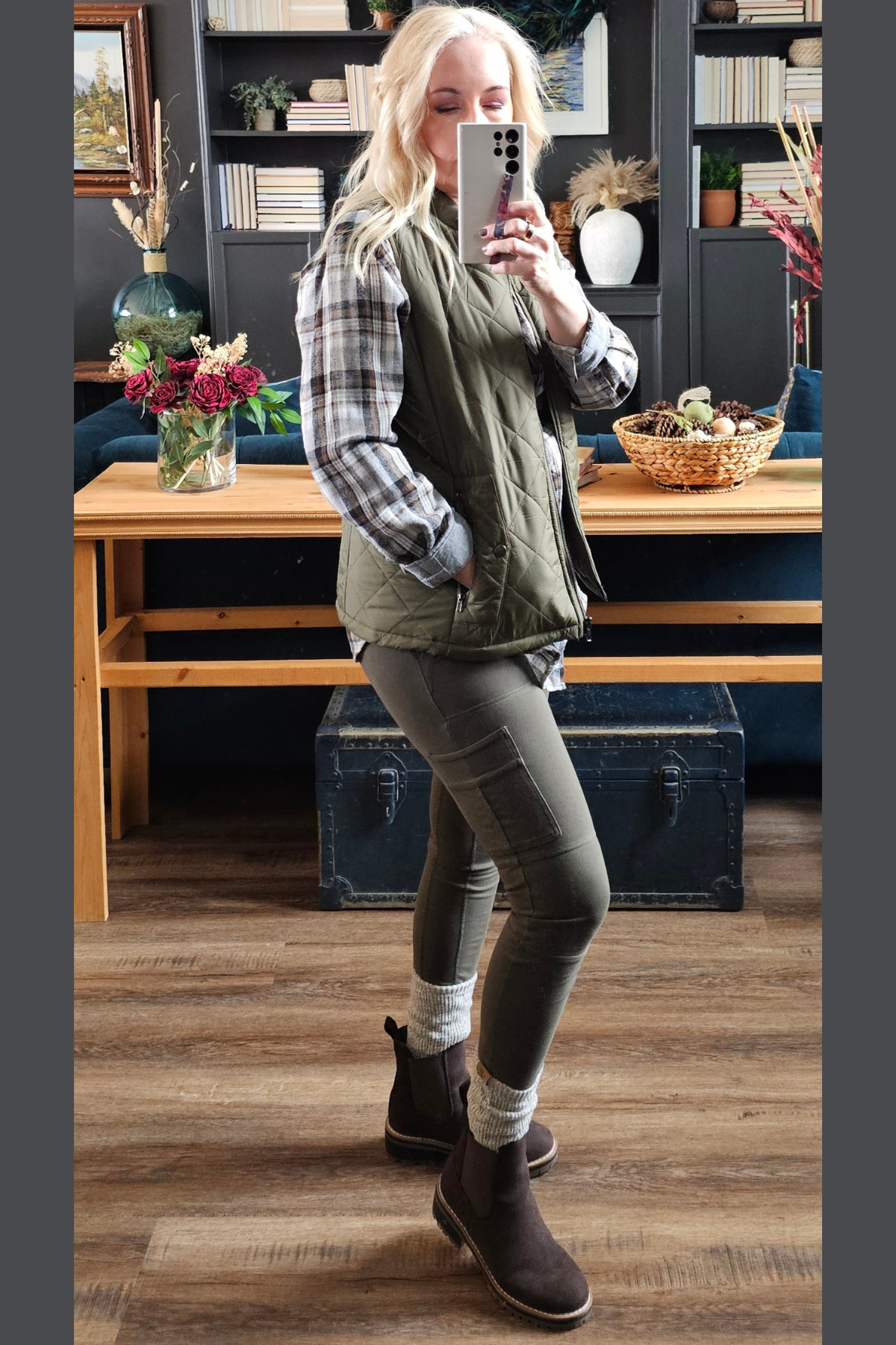 Running errands - but it's super cold. Layers is the name of the game - cargo leggings, flannel, vest, warm socks, and Chelsea boots - packed a full-length puffer coat too. 

 #LTKdayinmylife #LTKootd #LTKMidsize