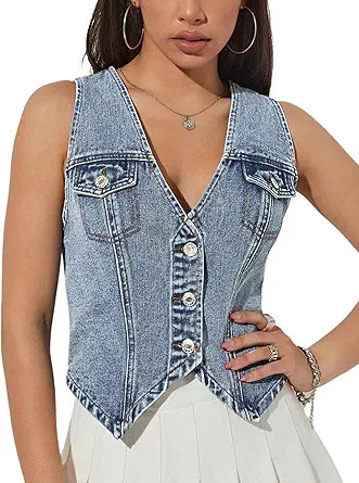 GORGLITTER Women's Denim Vest Sleeveless Jean Vest Crop Denim Tank Top Flap Pocket Button Front Y... | Amazon (US)
