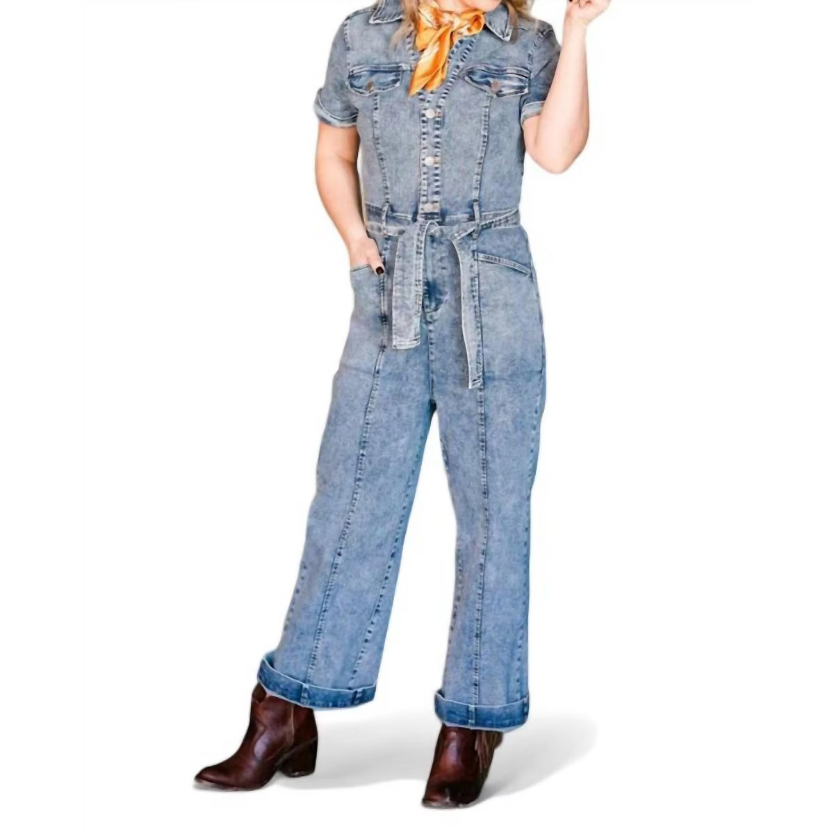 Women's DONNA SHORT SLEEVE CROPPED DENIM JUMPSUIT - And The Why L | Target
