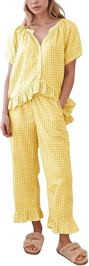 Flygo Womens Plaid 2 Piece Pajamas Sets Gingham Button Down Puff Sleeve Babydoll Shirt Ruffle Pan... | Amazon (US)
