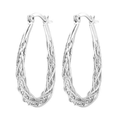 Senteria Sterling Silver Hoop Earrings for Women Silver Oval Hoop Earrings Hypoallergenic Medium Hoops Earrings Lightweight Thick Twist Hoops Earrings | Amazon (US)