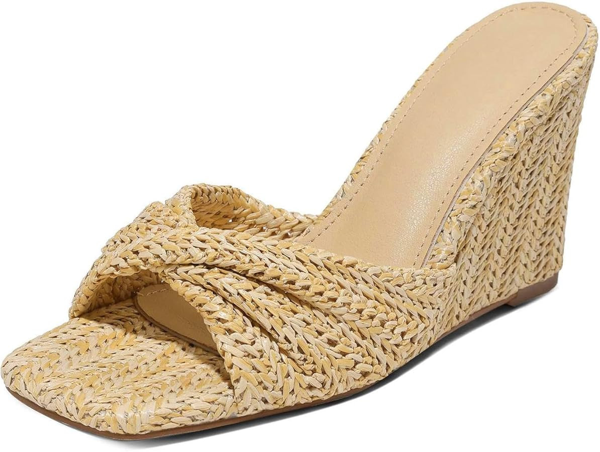 EQAUDES Wedge Sandals for Women Summer Raffia Braided Mules Slides - Slip On, Square Open Toe, Dr... | Amazon (US)