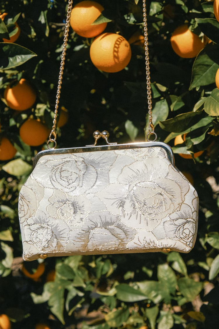 Posh Styling Ivory and Gold Satin Floral Lurex Clutch | Lulus