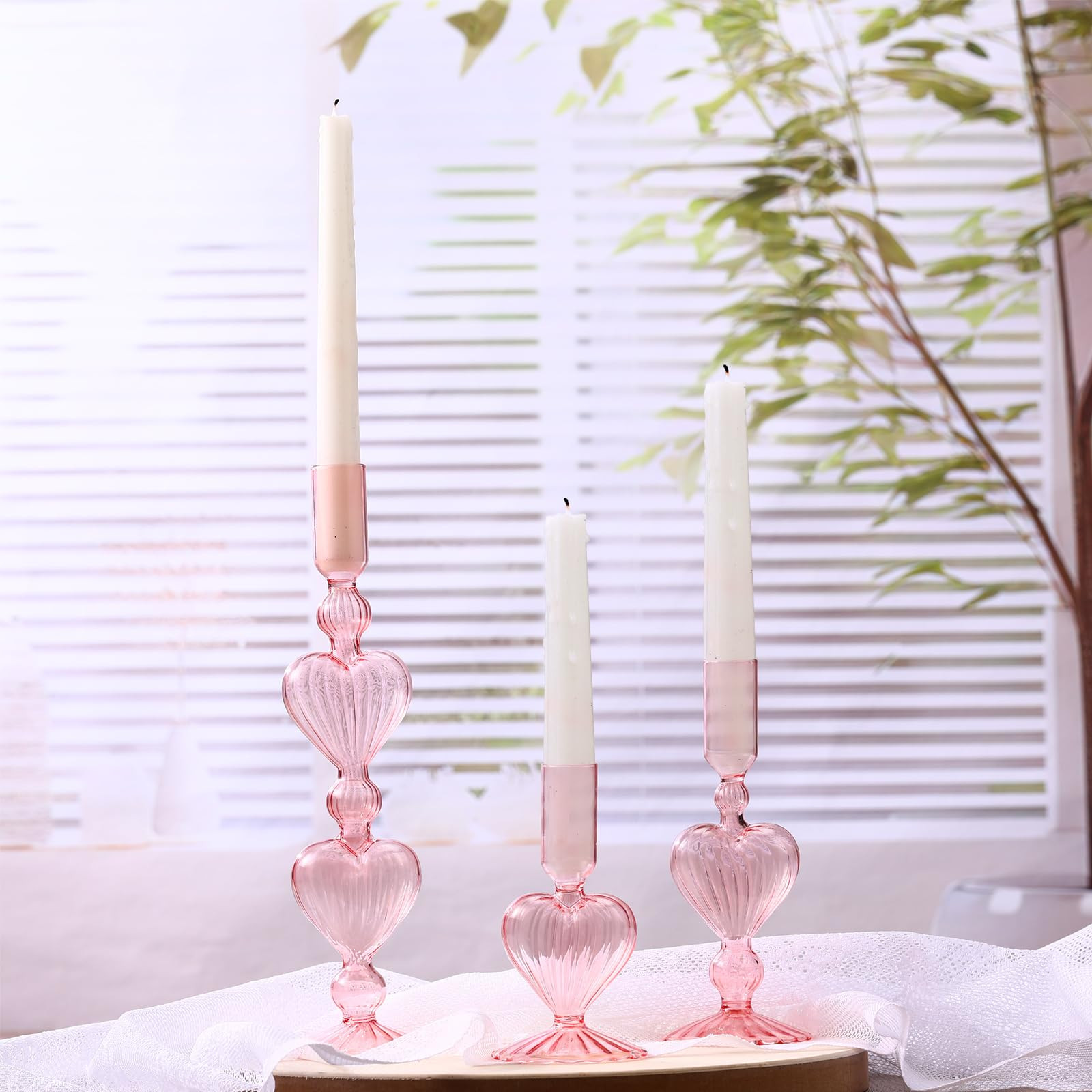 Mumufy 3 Pcs Valentine's Day Glass Candlestick Holders Pink Heart Glass Taper Candle Holder Valen... | Amazon (US)