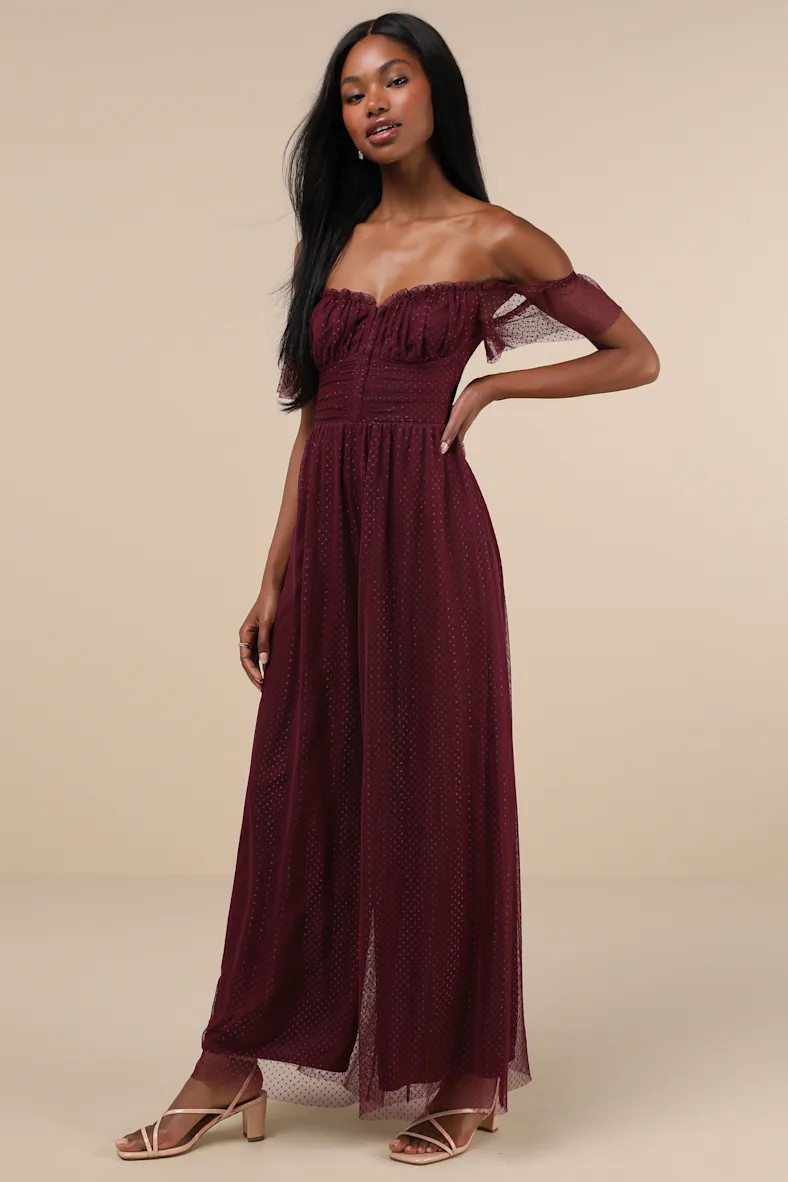 Regal Radiance Plum Purple Swiss Dot Mesh Wide-Leg Jumpsuit | Lulus