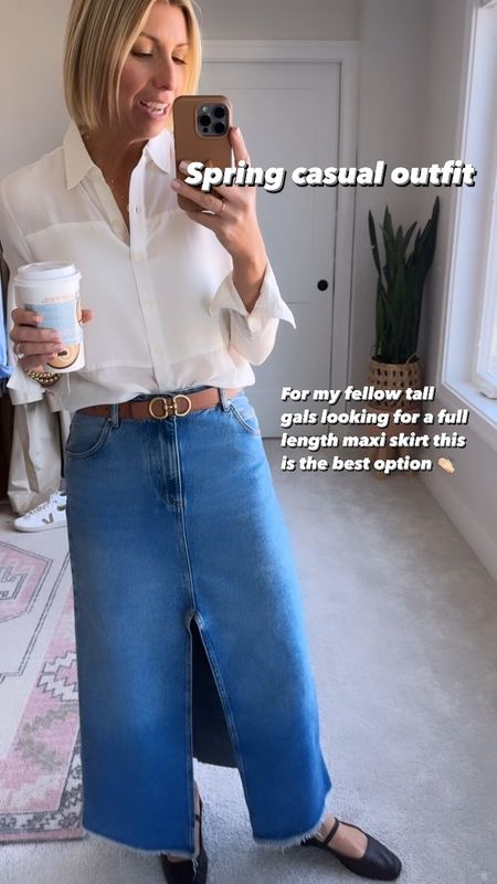 Spring capsule outfit: denim maxi skirt, silk blouse, ballet flats, belt 

wearing a size small in the washable silk blouse. Use my code:
SARAHKELLYXSPANX for 10% off 

wearing size 27 in the denim maxi skirt- I’m 5’10” 

#LTKSeasonal #LTKover40 #LTKVideo