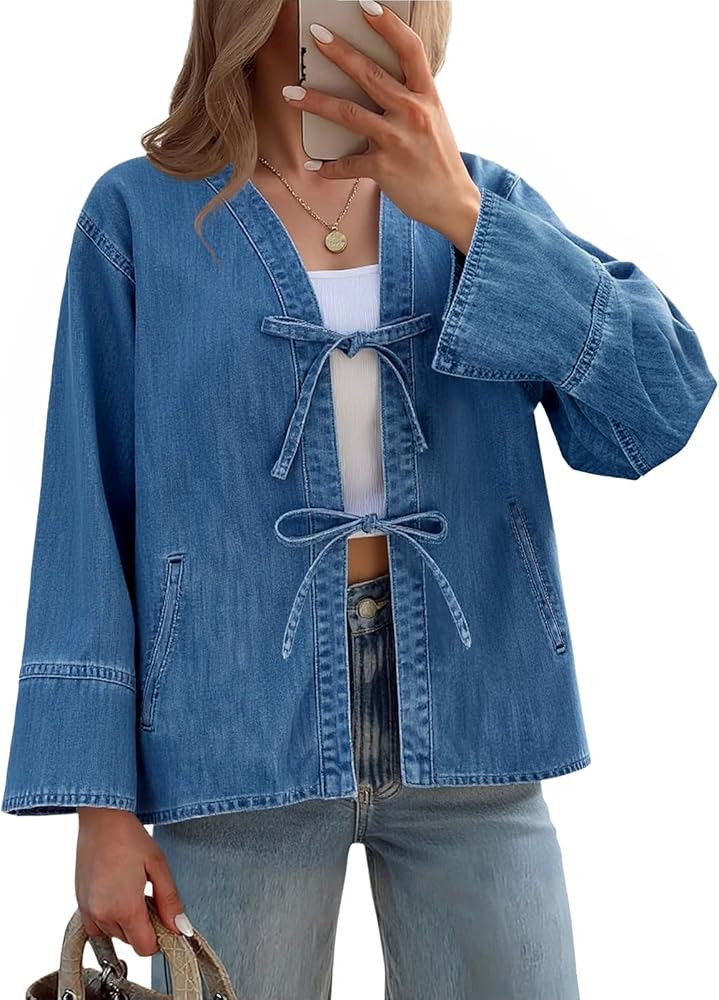 Tankaneo Womens Tie Front Denim Jacket Long Wide Sleeve Loose Fit Bow Jeans Coat Going Out Shacke... | Amazon (US)