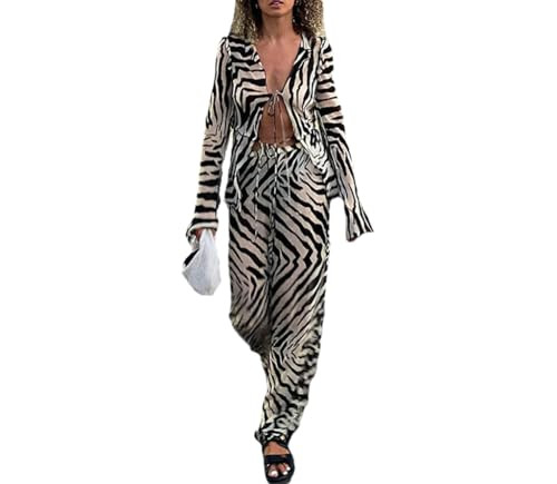 THLAI Sexy 2 Piece Sets for Women Zebra Print Long Sleeve Tops and Wide Leg Pants Mesh Summer Clu... | Amazon (US)