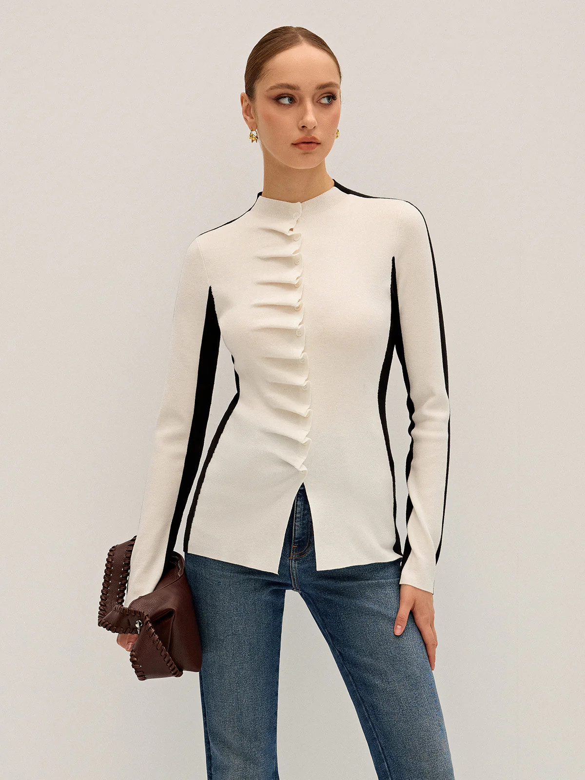 Ruffle Button Fitted Knit Top | Commense