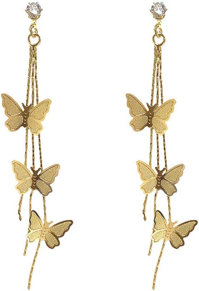 JMS18K Gold Plated Dainty Vivid Butterfly Tassel Earrings Silver Post CZ 3D butterfly Drop Dangle... | Amazon (US)