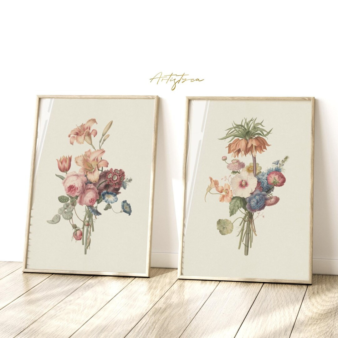 Spring FLOWER BOUQUET Vintage Art, Floral ROSE Bunch 2 Piece Set Prints, Gallery Wall Art Cottage... | Etsy (US)