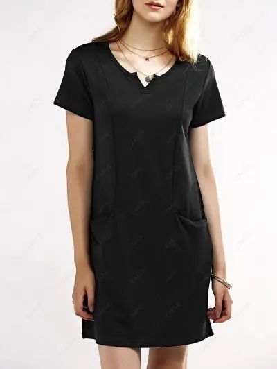 Notched Neck Short Sleeve Black T Shirt Dress | ZAFUL (Global)