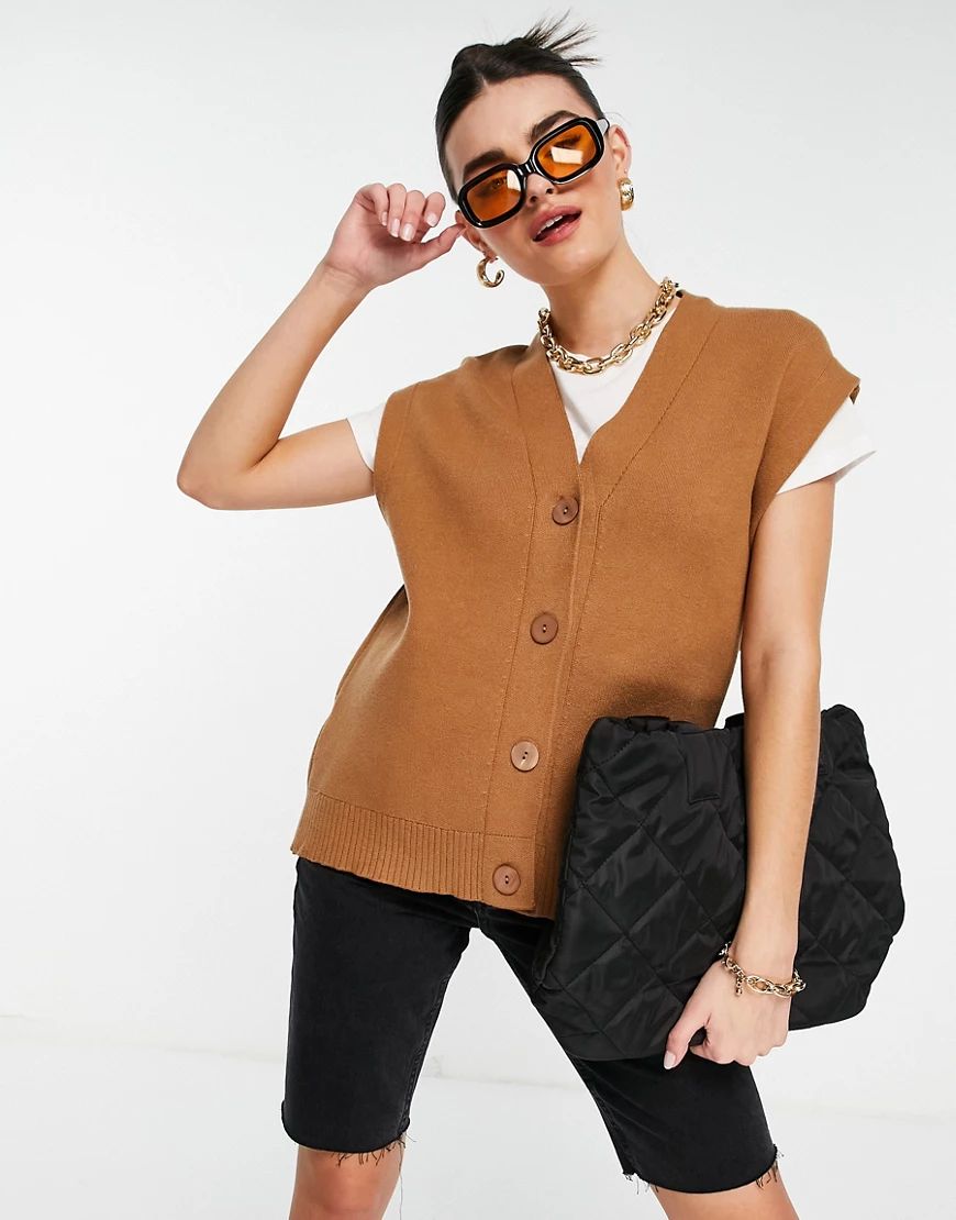 Mango sleeveless button front knitted vest in tan-Brown | ASOS (Global)