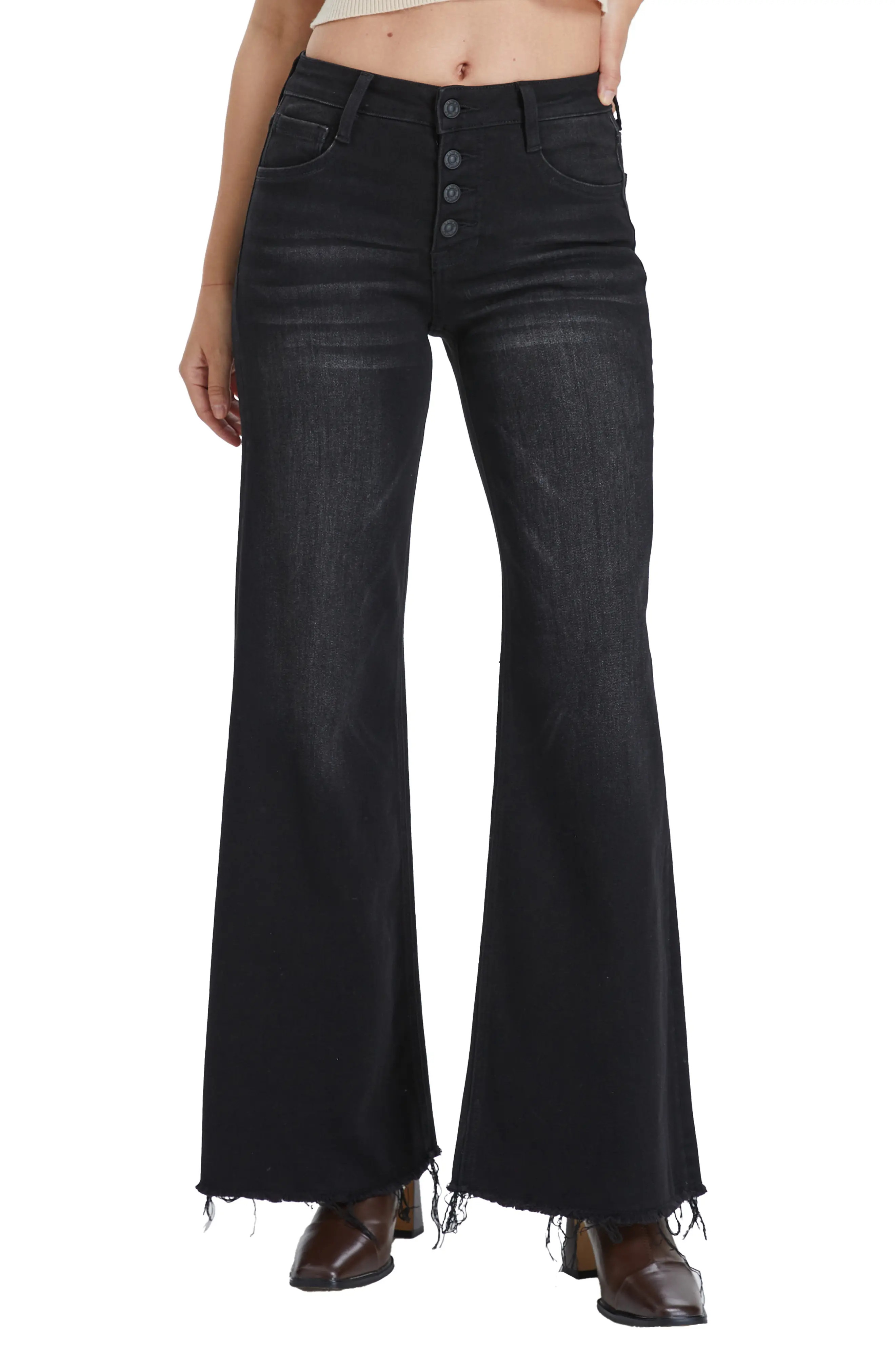 Bayeas Frayed Exposed Button Mid Rise Wide Leg Jeans (Women) | Nordstrom | Nordstrom