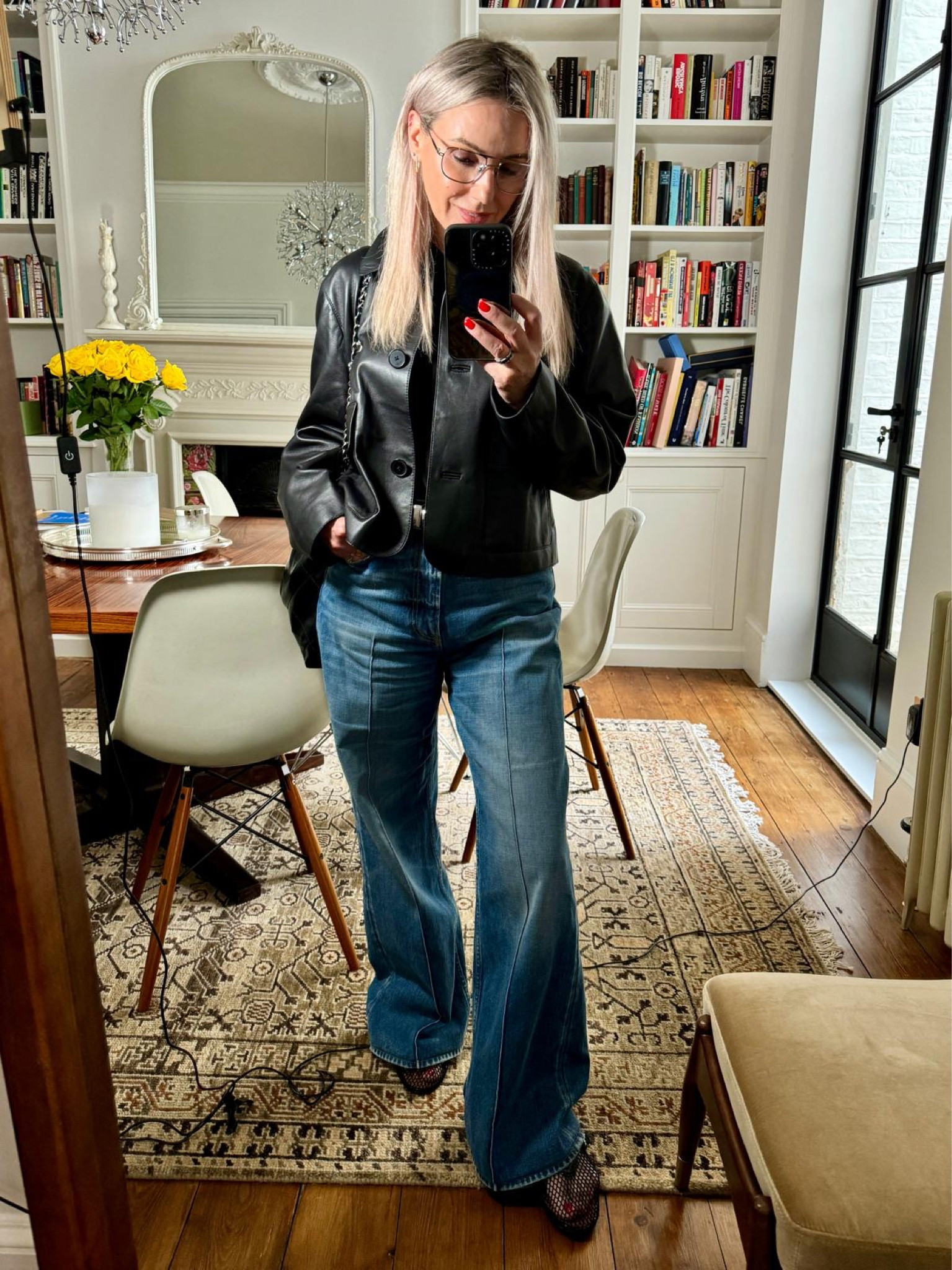 Massimo dutti, Reiss, Elisa johnson, Gucci eyewear, Mango, Cos, casual outfit, transitional outfit, leather jacket, black jacket, wide leg jeans, mesh flats, black ballet flats, aviator glasses, casual outfits 

#LTKeurope #LTKuk #LTKstyletip