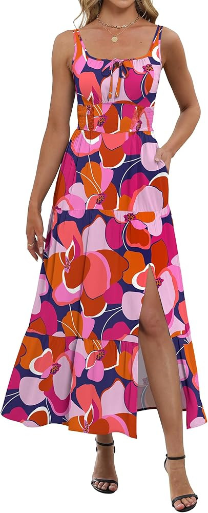 ANRABESS Women Summer Casual Floral Printed Square Neck Sleeveless Straps Elastic Waist Slit Beac... | Amazon (US)