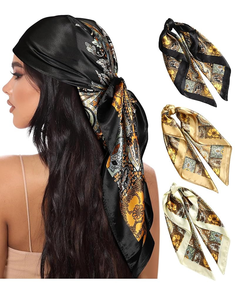 AWAYTR 35” Large Square Satin Head Scarf - 3Pcs Satin Hair Scarves Silk Bandana Scarf Headscarf... | Amazon (US)