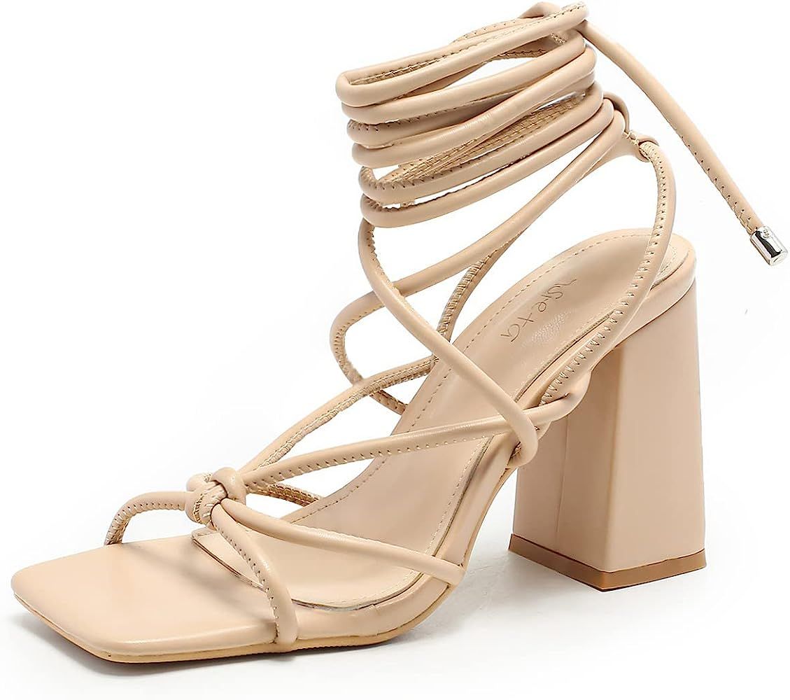 Womens Square Toe Strappy Heels Lace Up Chunky Heel Sandals | Amazon (US)