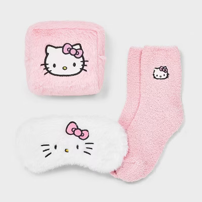 Women's Hello Kitty Embroidered Faux Fur 3pk Cozy Gift Set with Reusable Pouch, Cozy Socks and Ey... | Target