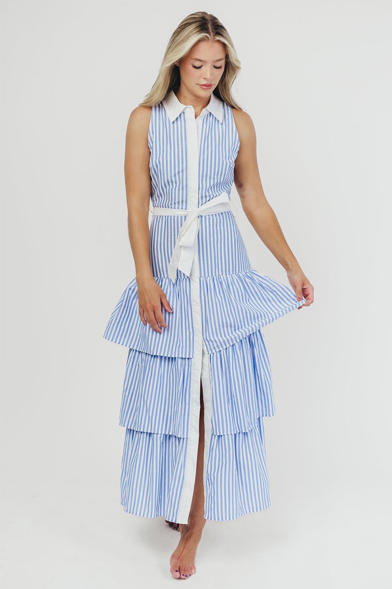 Striped Print Sleeveless Tie Belt Tiered Maxi Shirt Dresses-Blue [Pre Order] | Cherley