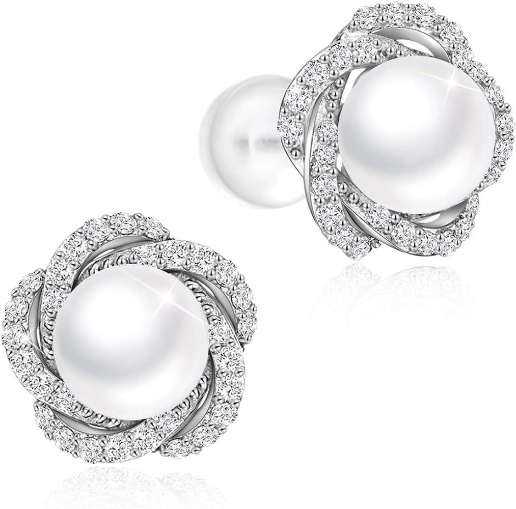 PEARLOVE Pearl Earrings for Women 6MM Pearl Stud Earrings 925 Sterling Silver CZ Stud Women's Gif... | Amazon (US)