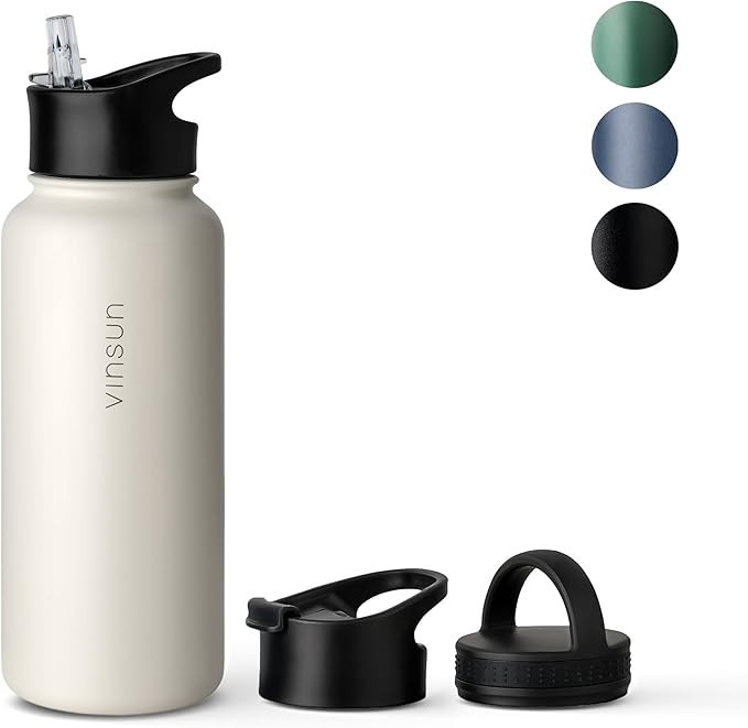 Vinsun Edelstahl Trinkflasche 1L weiß - Strohhalm, Trinköffnung, Drehverschluss - auslaufsicher... | Amazon (DE)