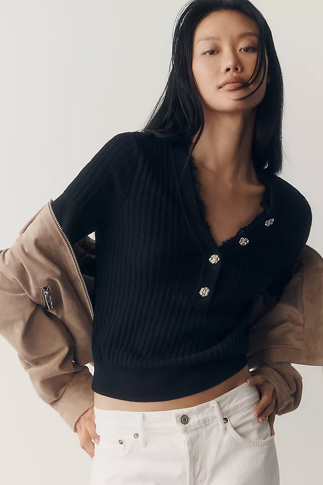 Ribbed Lace-Trimmed Sweater | Anthropologie (US)