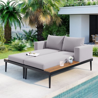 Whisen Modern Outdoor Daybed Patio Daybed with Wood Topped Side Spaces for Drinks, 2 in 1 Padded Chaise Lounges - Gray | Target