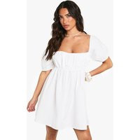 Womens Petite Linen Puff Sleeve Smock Mini Dress - White - 12 | boohoo (US & Canada)
