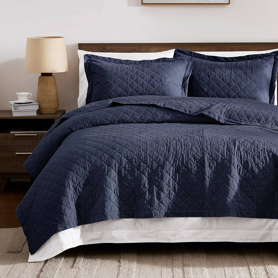 WDCOZY 100% Cotton Quilt Set, Pre-Washed, King, Navy Blue, 3 Pieces | Amazon (US)
