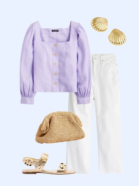Lavender square neck top, white wide leg jeans, shell earrings, gold shell sandals 

#LTKFindsUnder100 #LTKSaleAlert #LTKShoeCrush