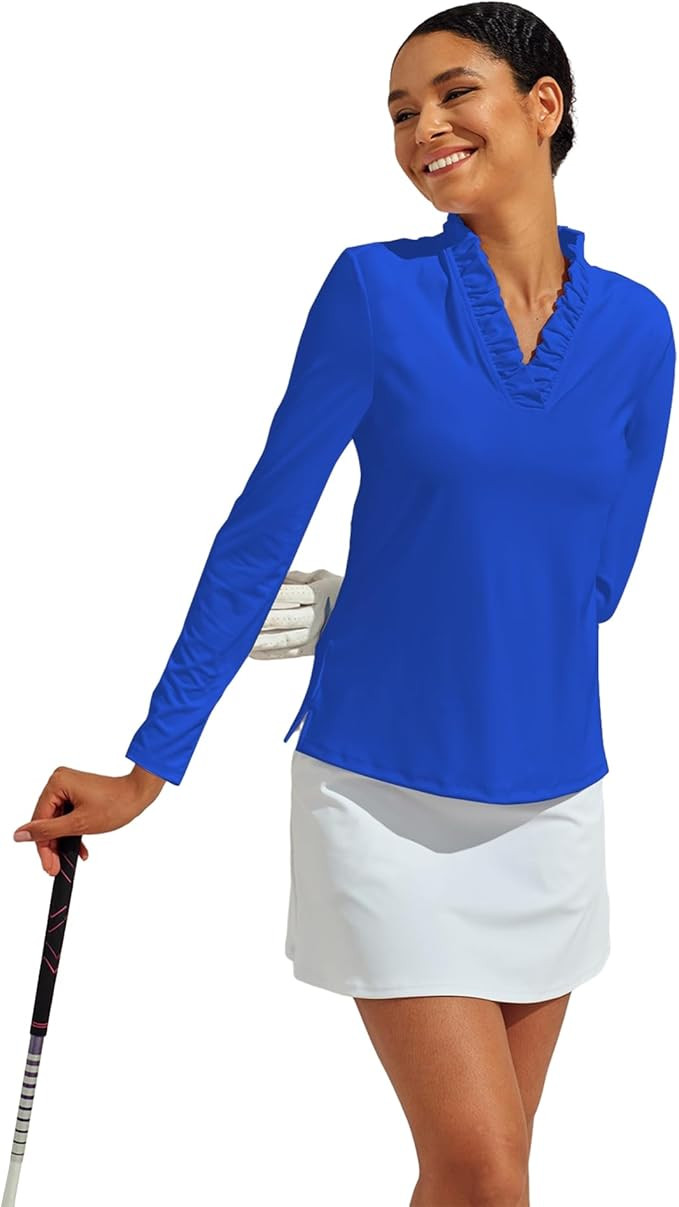 ACEGOLFS Womens Golf Polo Shirts Casual Ruffle V Neck Long Sleeve Tops for Women UPF 50+ Rash Gua... | Amazon (US)