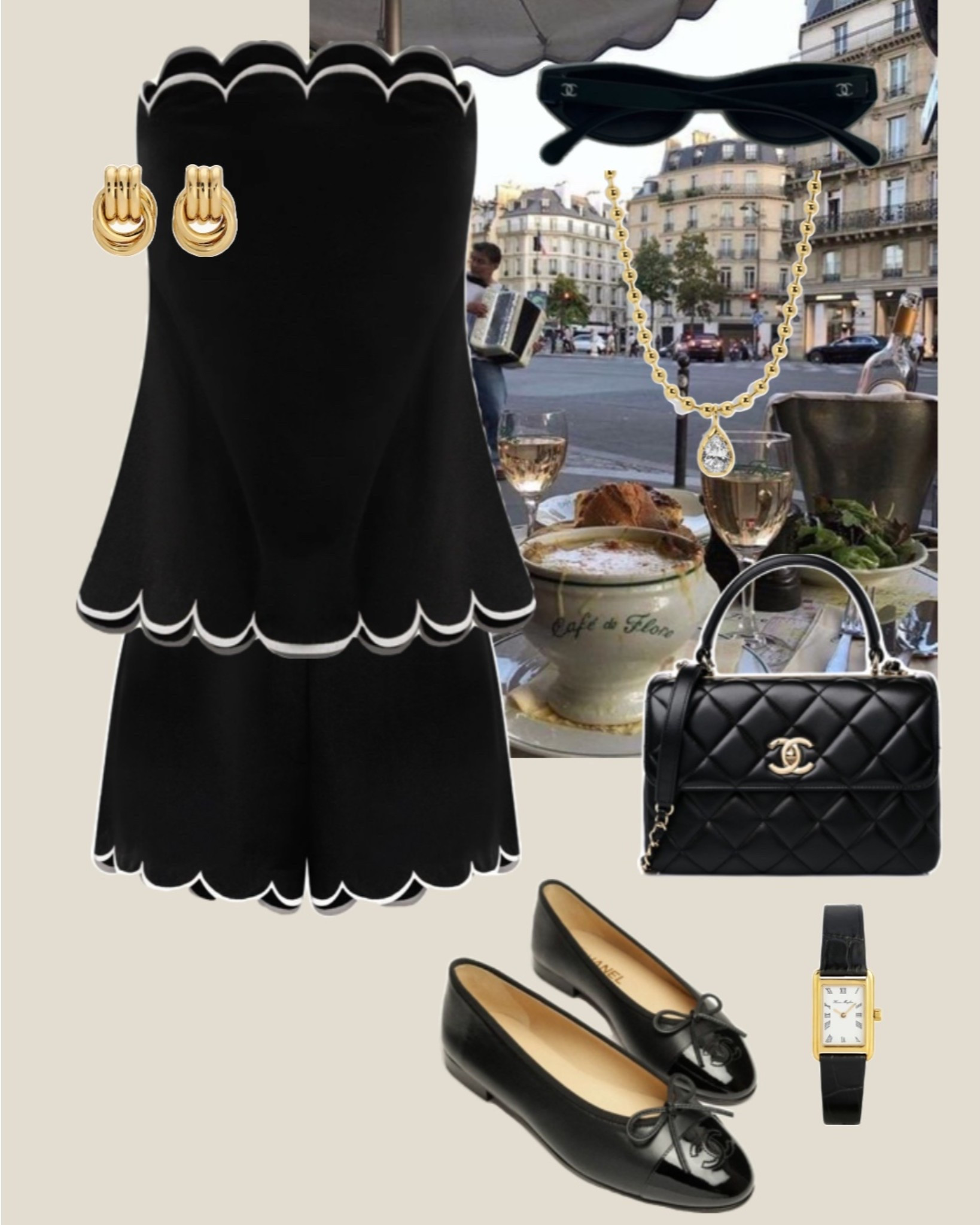 Matching scalloped short set in black, Paris France outfit 