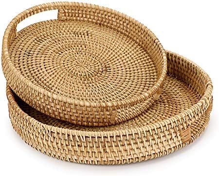 Hipiwe Rattan Serving Tray with Handles - Handmade Round Woven Basket Tray Home Decorative Organi... | Amazon (US)