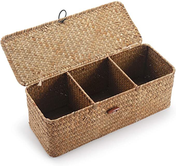 Seagrass Storage Basket with Lid Rectangular Small Woven Shelf Baskets with Sections for Organize... | Amazon (US)